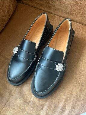 Ganni Black Leather Loafers with Crystal Brooch